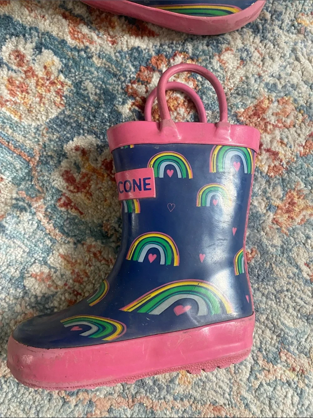 Kids Waterproof Lone Cone Rain Boots with Pink Trim & Rainbow Print